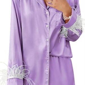 Lavender Feather-Trimmed Satin Pajama Set M
